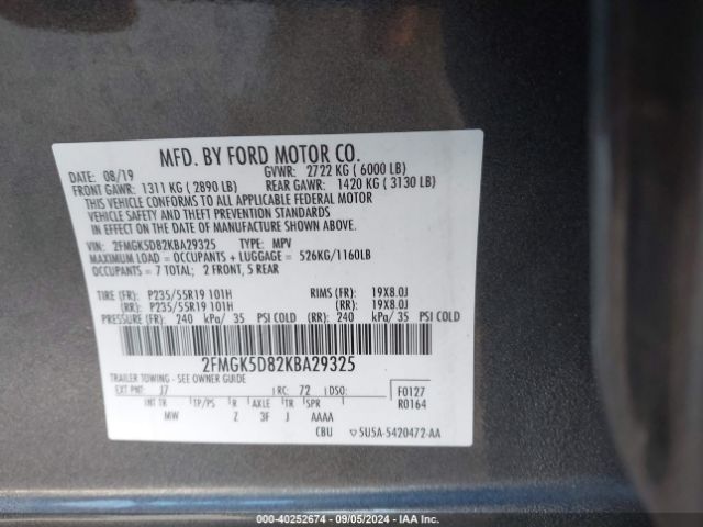 2FMGK5D82KBA29325 Ford Flex Limited