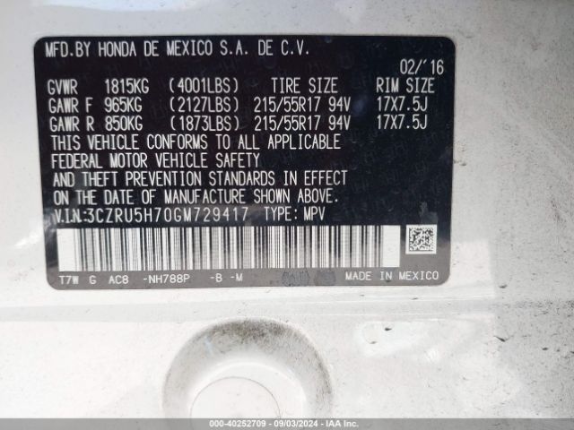 3CZRU5H70GM729417 Honda Hr-v Ex-l