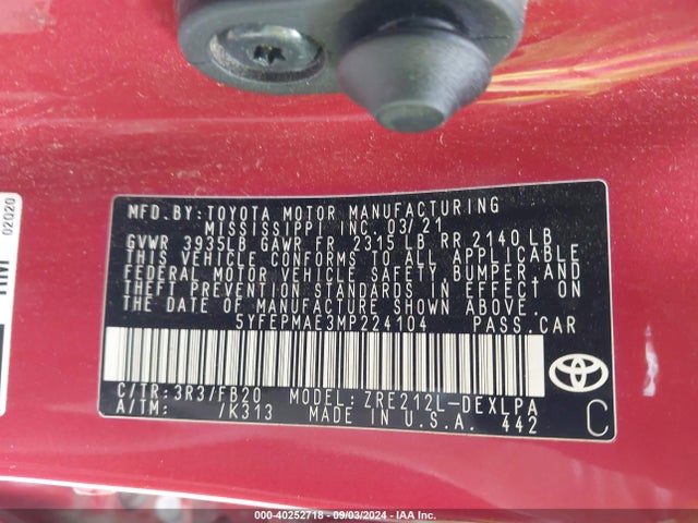 Toyota COROLLA LE 2021 5YFEPMAE3MP224104 Image 9