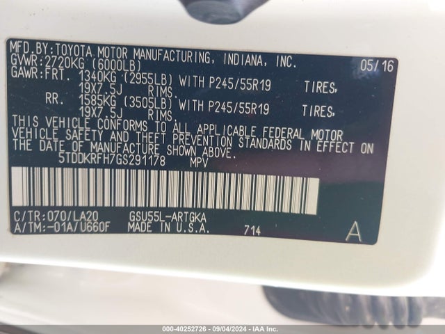 5TDDKRFH7GS291178 Toyota Highlander Limited V6