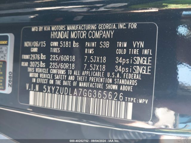 5XYZUDLA7GG365626 Hyundai Santa Fe Sport 2.0l Turbo