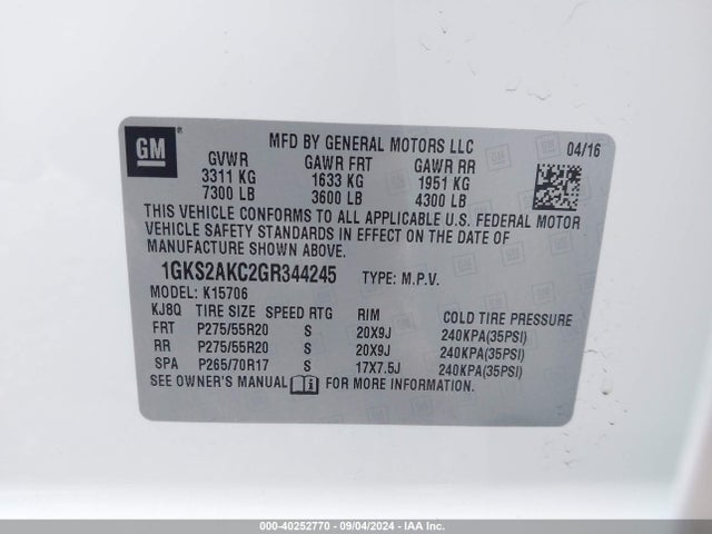 1GKS2AKC2GR344245 GMC YUKON SLE