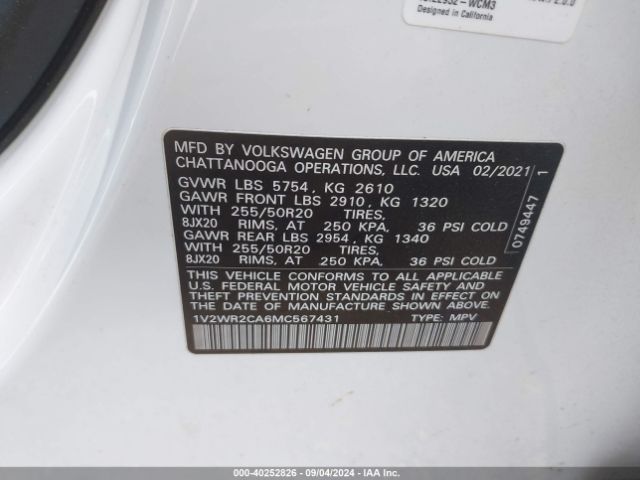 1V2WR2CA6MC567431 Volkswagen Atlas 3.6l V6 Se W/technology