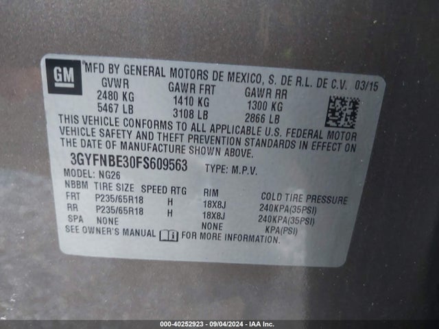 3GYFNBE30FS609563 Cadillac Srx Luxury Collection