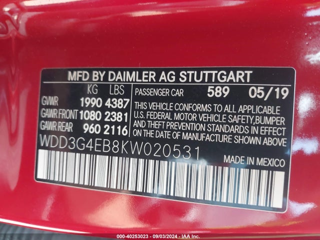 WDD3G4EB8KW020531 Mercedes-Benz A 220