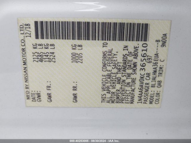 1N4AA6AV0KC365610 Nissan Maxima 3.5 Platinum