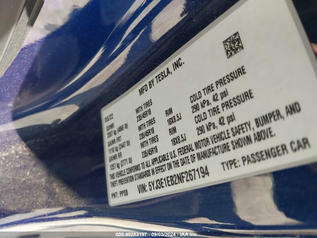 2022 TESLA MODEL 3 5YJ3E1EB2NF267194 Photo 8