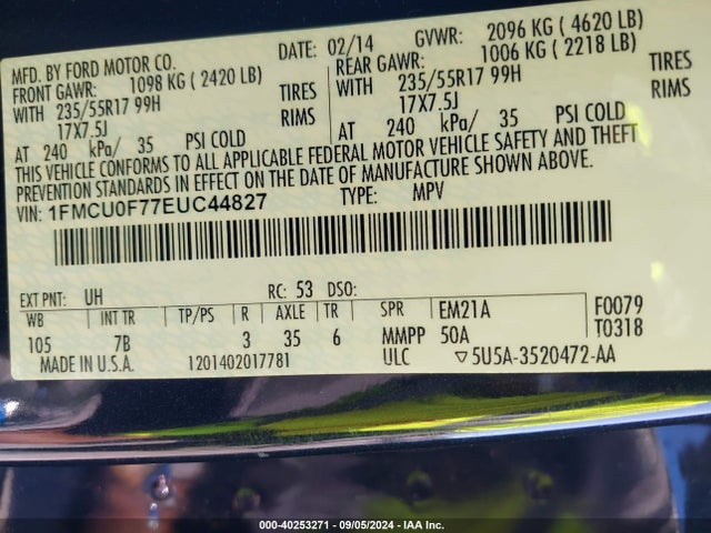 1FMCU0F77EUC44827 Ford ESCAPE S