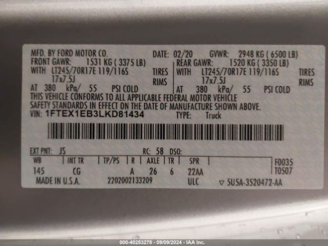 1FTEX1EB3LKD81434 Ford F-150 Xl