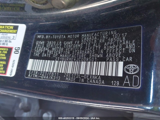Toyota COROLLA LE 2018 2T1BURHE4JC008501 Image 9