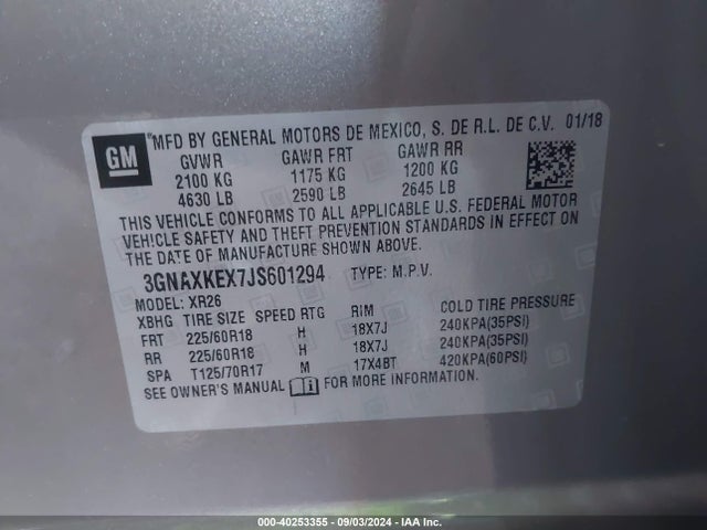 Chevrolet EQUINOX LT 2018 3GNAXKEX7JS601294 Image 9