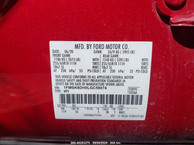 Ford EXPLORER XLT 2020 1FMSK8DH0LGC58074 Image 9