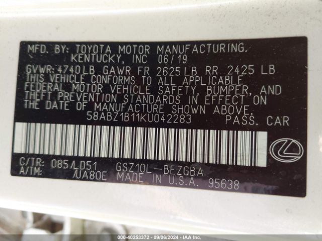 58ABZ1B11KU042283 Lexus ES 350