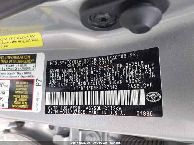 Toyota CAMRY SE 2016 4T1BF1FK9GU227143 Image 9