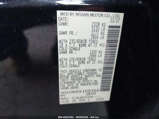 Nissan MURANO SV 2018 5N1AZ2MG8JN109366 Image 9