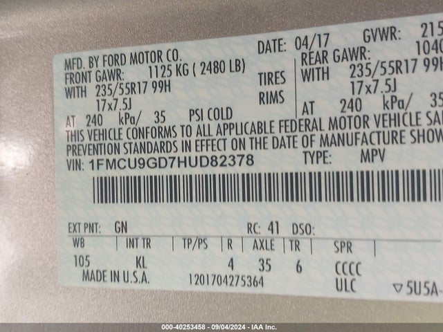 Ford ESCAPE SE 2017 1FMCU9GD7HUD82378 Image 9