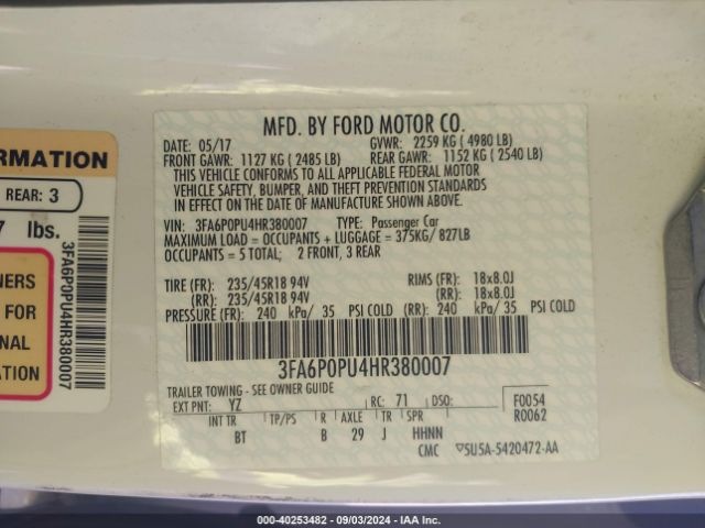 3FA6P0PU4HR380007 Ford Fusion Energi Se Luxury