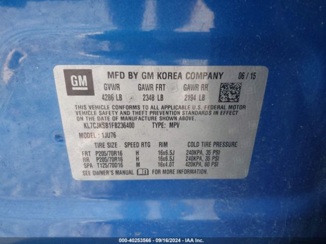 KL7CJKSB1FB236400 Chevrolet Trax 1ls