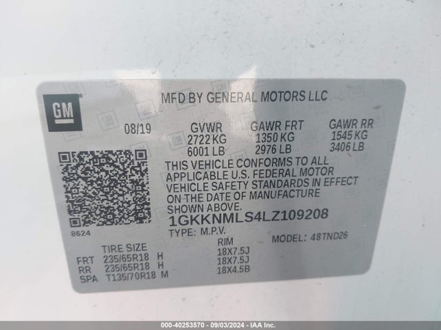 1GKKNMLS4LZ109208 GMC Acadia Fwd Slt