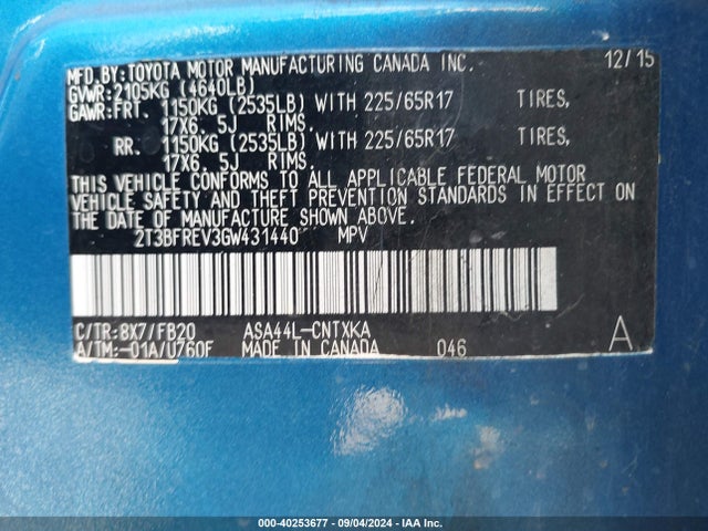 Toyota RAV4 LE 2016 2T3BFREV3GW431440 Image 9