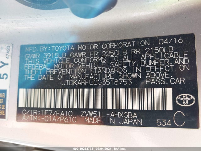 Toyota Prius Three 2016 JTDKARFU0G3518753 Image 9