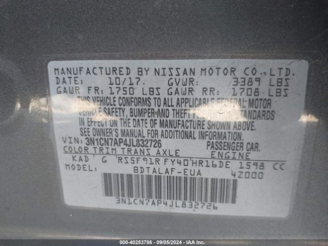 3N1CN7AP4JL832726 Nissan Versa 1.6 S