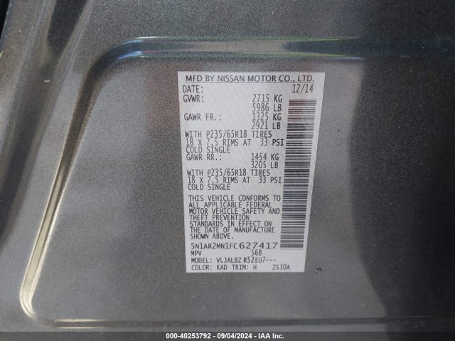 Nissan Pathfinder S 2015 5N1AR2MN1FC627417 Image 9