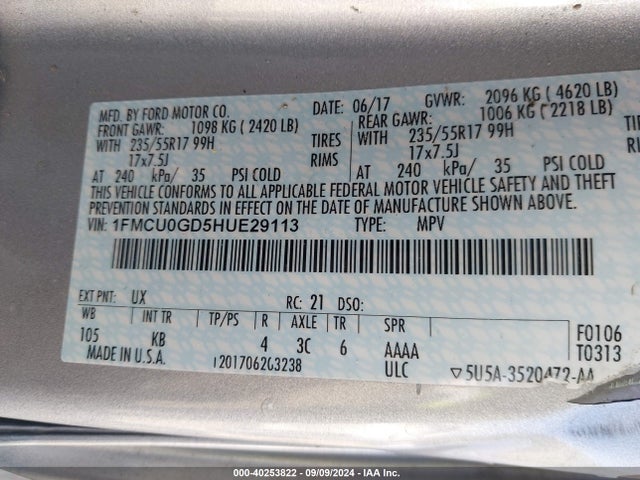 Ford ESCAPE SE 2017 1FMCU0GD5HUE29113 Image 9