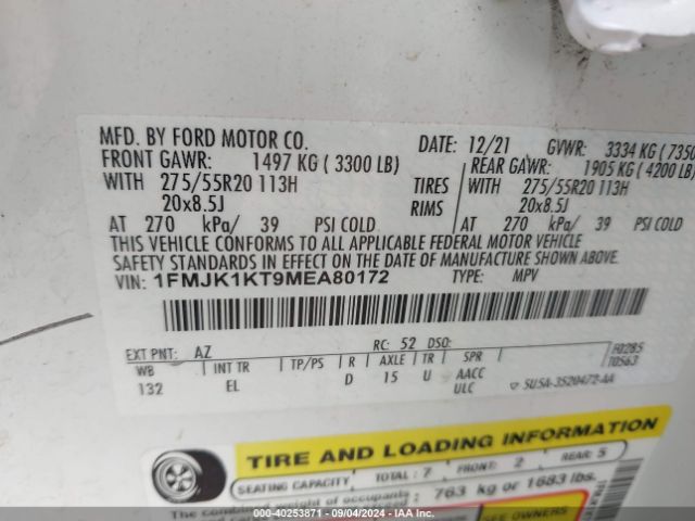 1FMJK1KT9MEA80172 Ford Expedition Limited Max