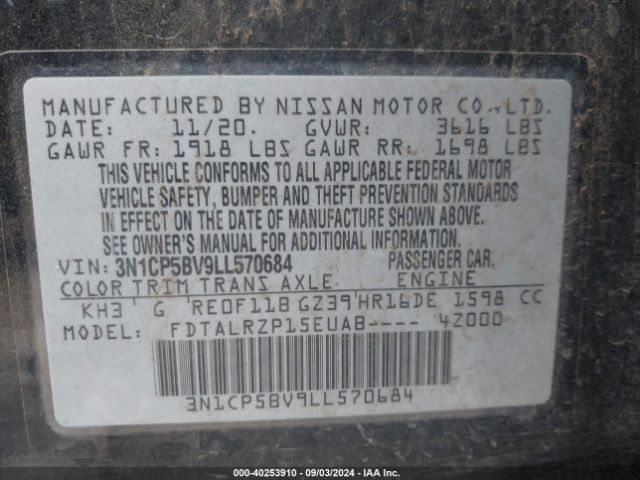 3N1CP5BV9LL570684 Nissan Kicks S Xtronic Cvt