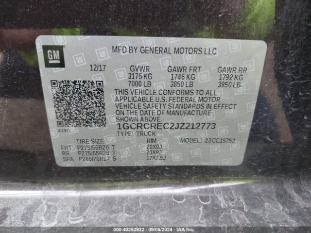 1GCRCREC2JZ212773 Chevrolet Silverado 1500 Lt