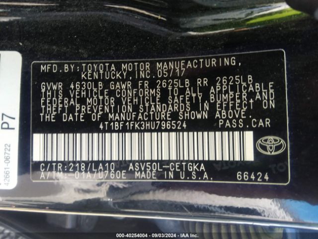 4T1BF1FK3HU796524 Toyota CAMRY XLE