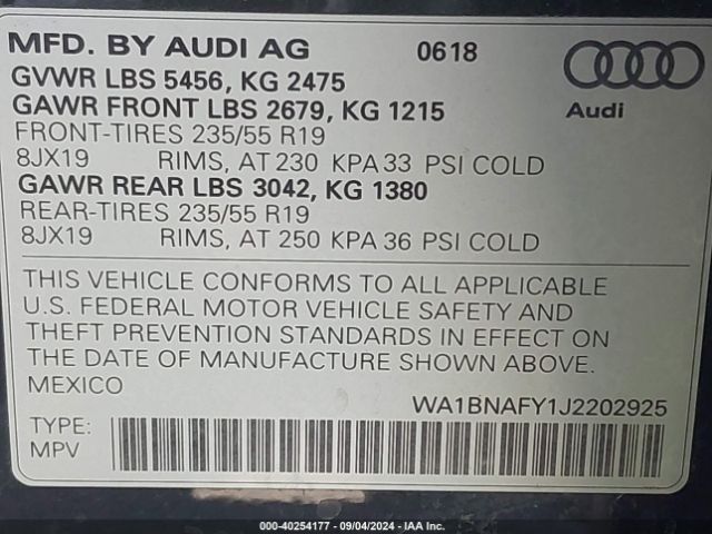 WA1BNAFY1J2202925 Audi Q5 2.0t Premium/2.0t Tech Premium
