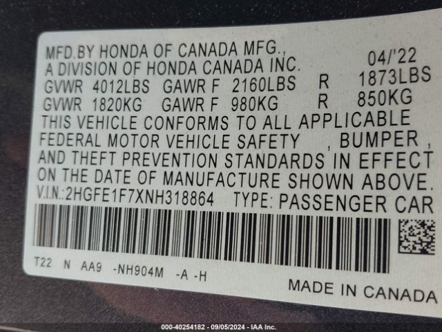 2HGFE1F7XNH318864 Honda CIVIC EX