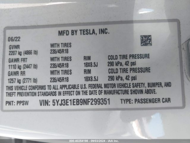 5YJ3E1EB9NF299351 Tesla Model 3 Long Range Dual Motor All-wheel Drive