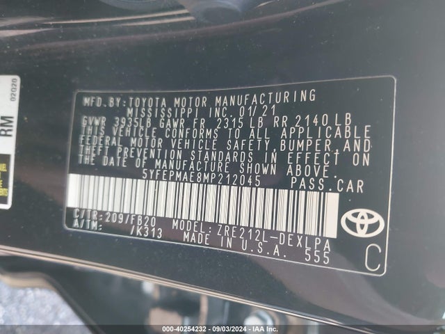 Toyota COROLLA LE 2021 5YFEPMAE8MP212045 Image 9
