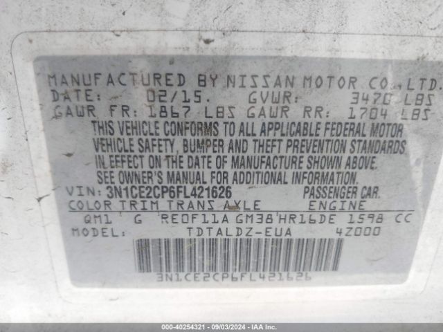3N1CE2CP6FL421626 Nissan Versa Note S (sr)/s Plus/sl/sr/sv