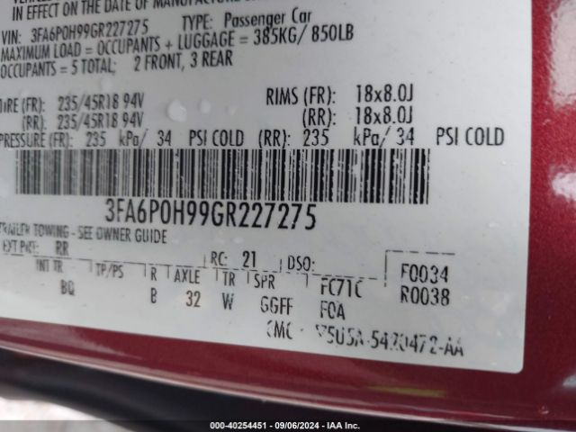 3FA6P0H99GR227275 Ford FUSION SE