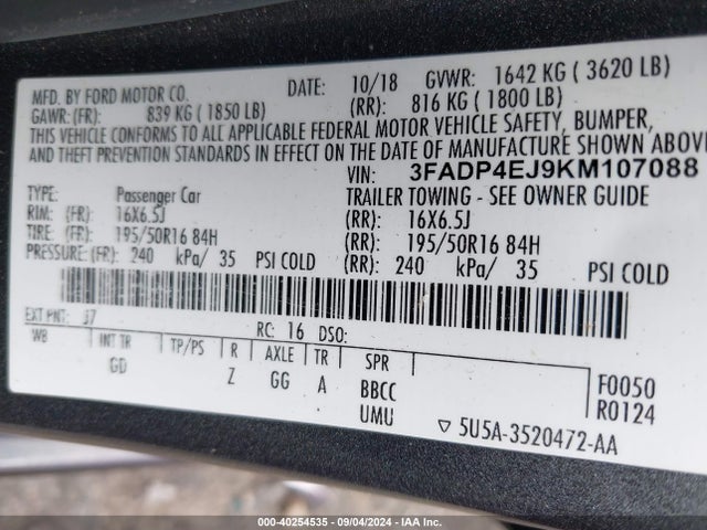 Ford FIESTA SE 2019 3FADP4EJ9KM107088 Image 9
