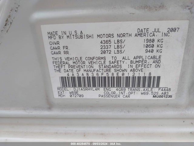 2008 MITSUBISHI GALANT 4A3AB36F58E012118 Photo 8