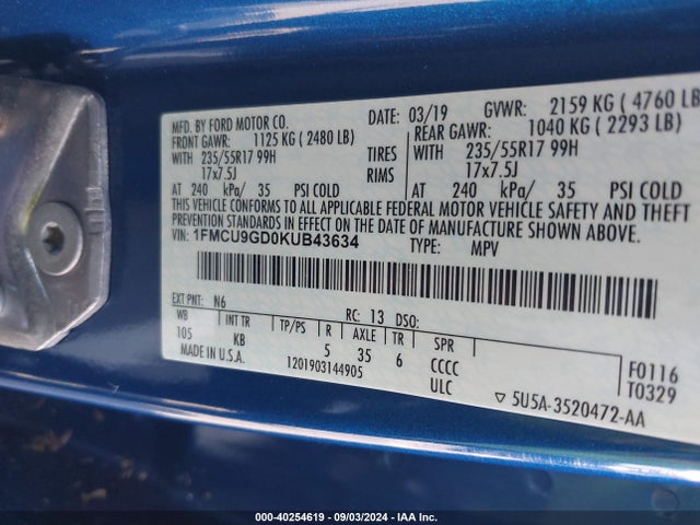 Ford ESCAPE SE 2019 1FMCU9GD0KUB43634 Image 9