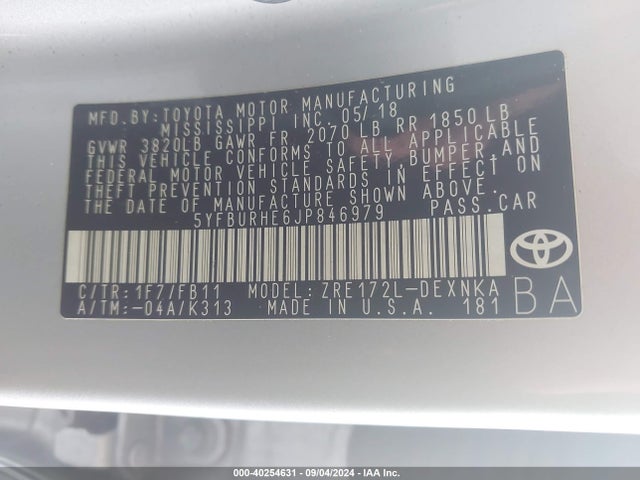 Toyota COROLLA LE 2018 5YFBURHE6JP846979 Image 9