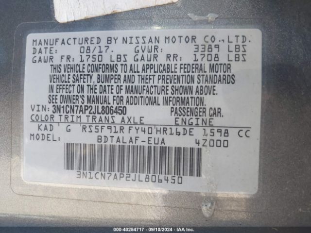 3N1CN7AP2JL806450 Nissan Versa 1.6 S