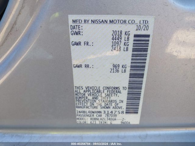 1N4BL4DWXMN314758 Nissan Altima Sv Intelligent Awd