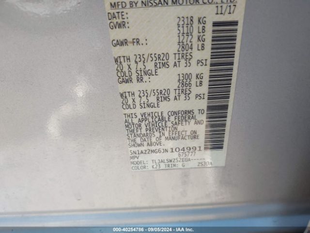 5N1AZ2MG6JN104991 Nissan Murano Platinum