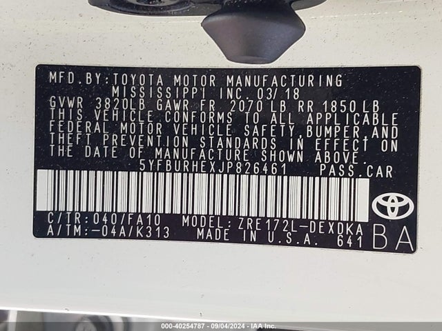 Toyota COROLLA L 2018 5YFBURHEXJP826461 Image 9