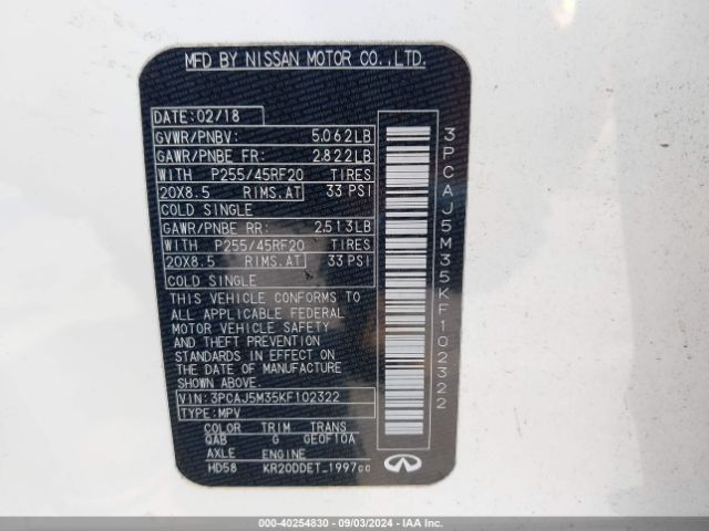 3PCAJ5M35KF102322 Infiniti Qx50 Essential