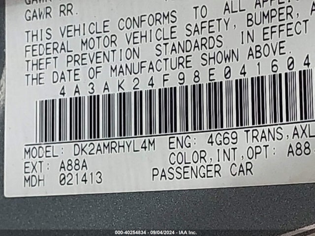 2008 MITSUBISHI ECLIPSE 4A3AK24F98E041604 Photo 8