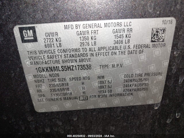 GMC Acadia Slt-1 2017 1GKKNMLS5HZ173538 Image 9