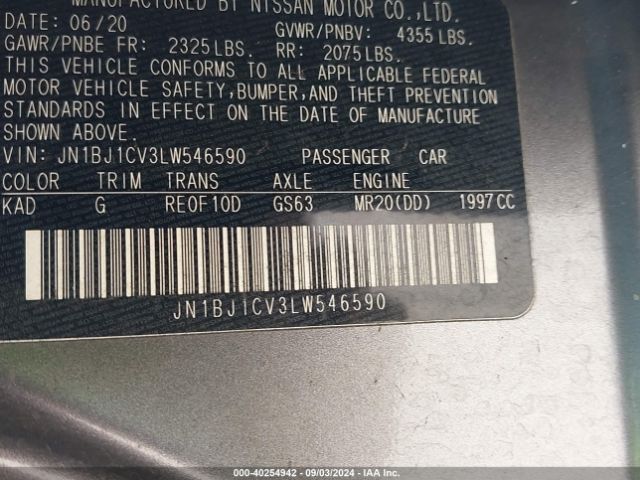 JN1BJ1CV3LW546590 Nissan Rogue Sport Sv Fwd Xtronic Cvt